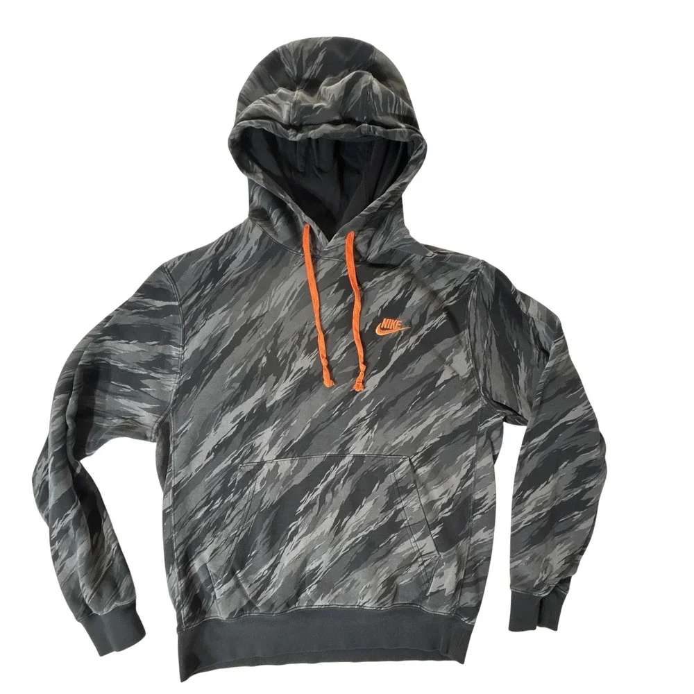 Nike Mens Grey Tiger Stripe Camo Fleece Hoodie Orange Logo Small